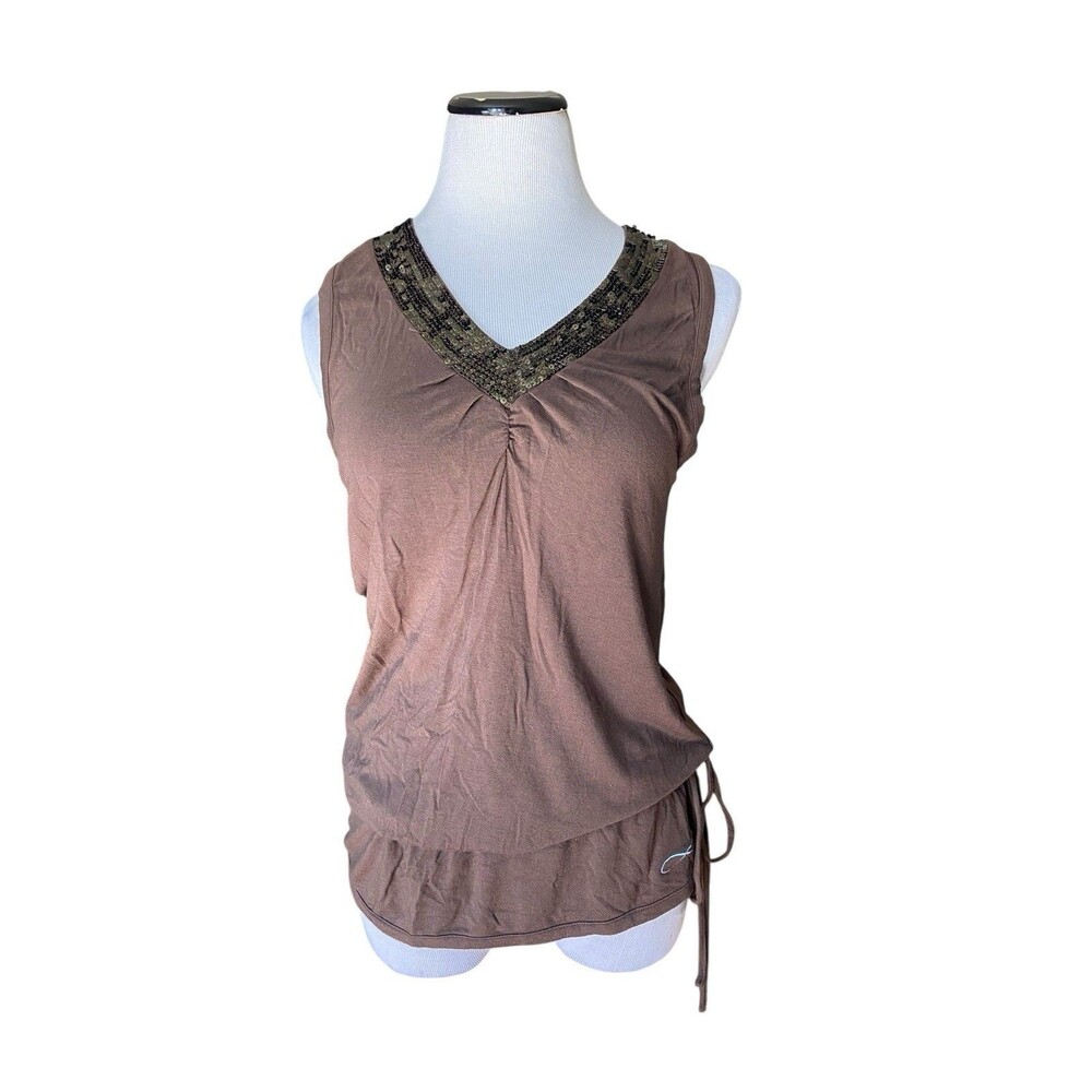 Vtg Y2K Rip Curl Womens Sequin Trim Tank Top Size L Brown Surf Skate Drawsting